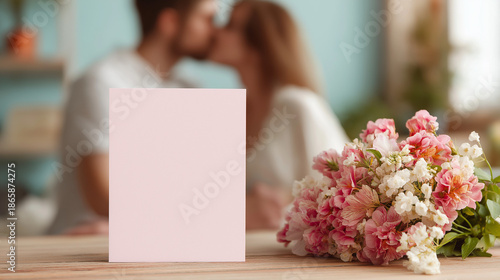 Blank Valentine’s Day card with bouquet and couple indoors.