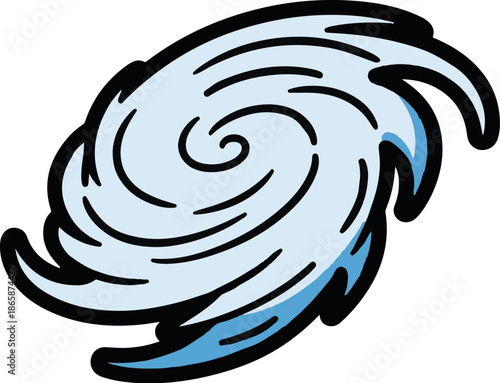 Stylized illustration of a swirling, powerful cyclone in light blue and white, with dark outlines