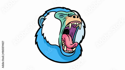 Stylized cartoon illustration of a blue monkey screaming with mouth wide open and pink tongue