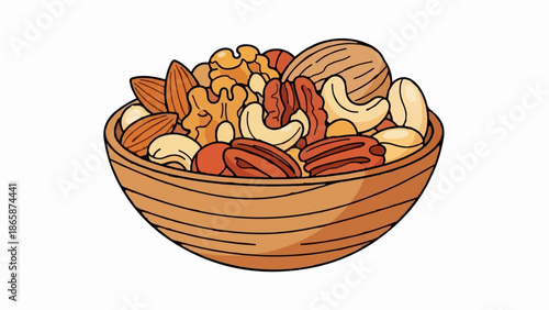A wooden bowl overflowing with a colorful assortment of nuts, including almonds, walnuts, pecans, and cashews