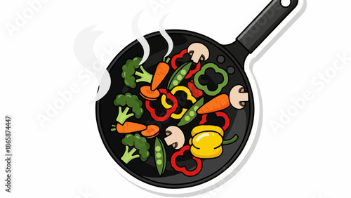 A cartoon frying pan filled with colorful, fresh vegetables steaming gently