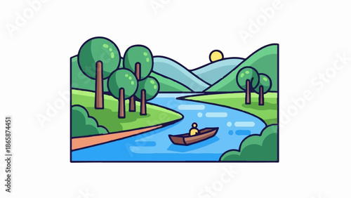 A solitary figure glides along a river in a boat, framed by rolling hills and trees