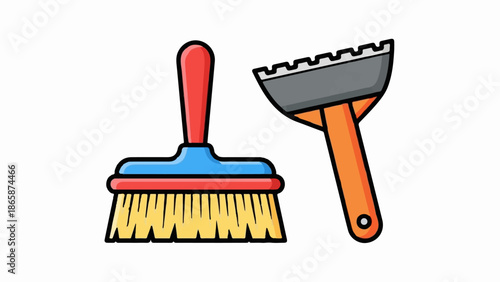 Cartoon cleaning tools, a brush with red handle and blue base, and a dustpan with orange handle