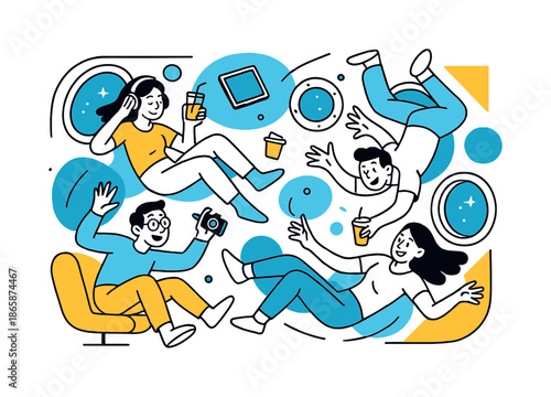 Floating Space Tourists. Zero-gravity fun. Tourists float playfully inside a spacecraft lounge, spinning gently among floating drinks and gadgets. Modern