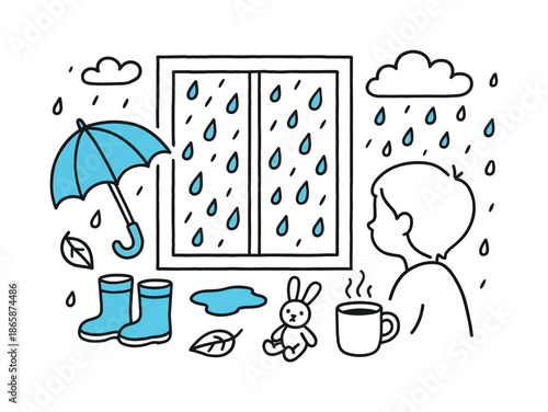 Rainy Day Doodles. Rainy Day Window. Hand-drawn doodle illustration Rainy Day Window raindrops (accented), window frame, child silhouette (accented), umbrella,