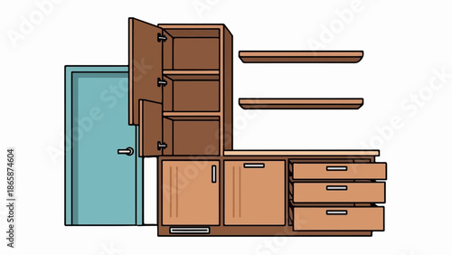 Open cabinet with shelves and drawers next to a blue door, simplistic illustration