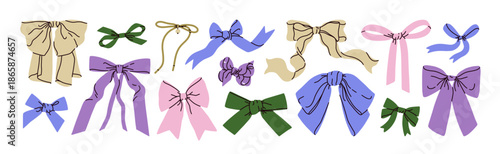Bows and ribbons set, festive textile design elements. Decorative knot tie accent for hair or gift. Feminine style coquette accessories. Hand-drawn vector illustrations isolated on a white background