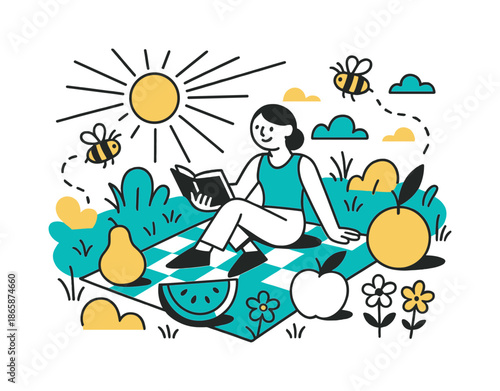 Floating Picnic Bliss. Meadow Picnic Scene. A picnic blanket floats on a grassy field with abstract fruit shapes, a book, and flowers scattered around. Sunrays