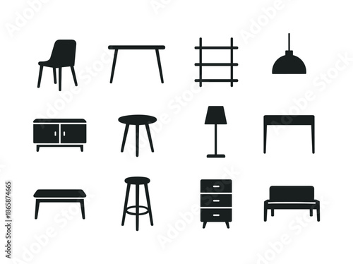 Modern Furniture Icons. Modern furniture. Solid icon set of Modern furniture: minimalist chair, metal leg table, wall shelf, pendant lamp, storage unit, side