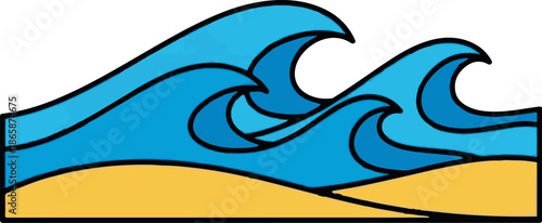 Bright blue cartoon waves crash onto a sandy beach with a black border