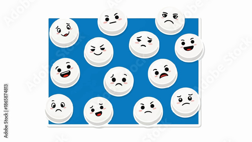 Round white objects with various cartoon faces expressing different emotions on a blue background