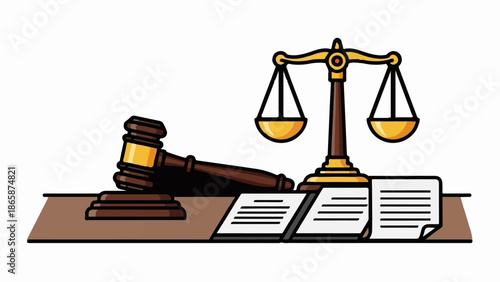 Justice symbols gavel, scales, and legal documents on a wooden surface