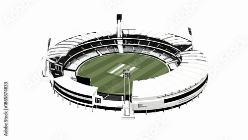 A top-down sketch of a stadium showing the green field and stands