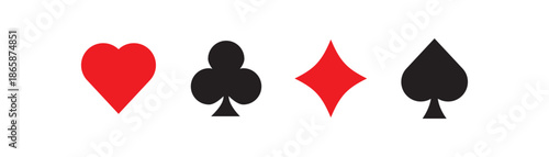 Four playing card suits icons set featuring a black spade and diamond and a red club and heart arranged horizontally in a clean, minimalist graphic design style