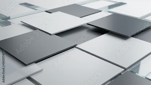 Geometric Tiles Composition: An abstract arrangement of square tiles in varying shades of gray and white creates a modern and clean design, suitable for digital background.