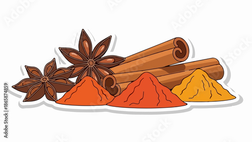 A vibrant arrangement of star anise, cinnamon sticks, and colorful spice powders