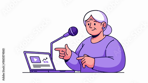 Elderly woman with white hair gestures towards a laptop displaying a video and graph