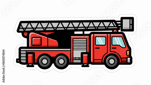 A cartoon illustration of a red fire truck with a ladder