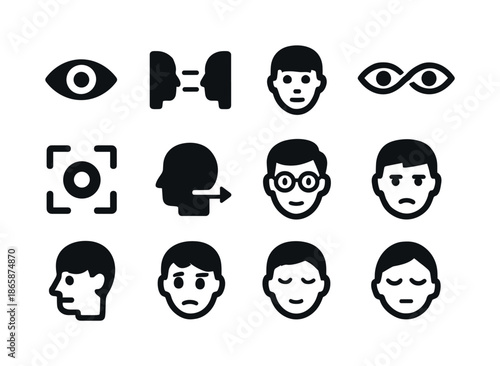 Eye Contact Icons. Eye contact. Solid icon set of Eye contact: eye, two faces facing each other, person looking forward, eyes meeting, focus symbol, gaze