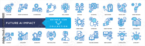Future AI Impact Blue Icon Collection. Containing smart automation, ai workforce, job shift, skill change, ai ethics, ai control, data power, digital shift