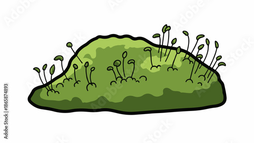 A cartoon-like illustration of a green mossy mound with small sproutlings emerging from it