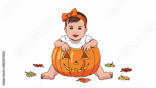 Adorable toddler with an orange bow sits with carved pumpkin, surrounded by fallen autumn leaves