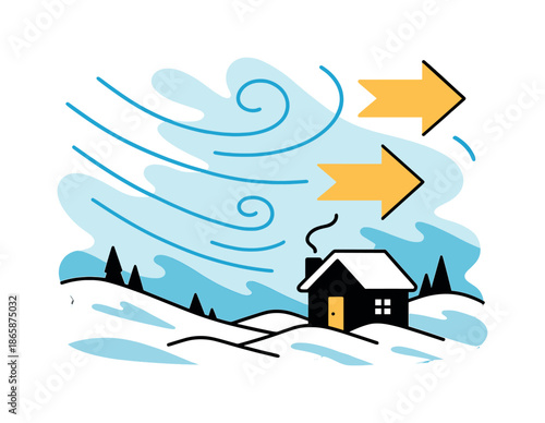Northern Wind Gusts. Wind from the north. Sharp curved gust lines blow across a snowy landscape with a lone cabin; direction arrows float in layers. Modern