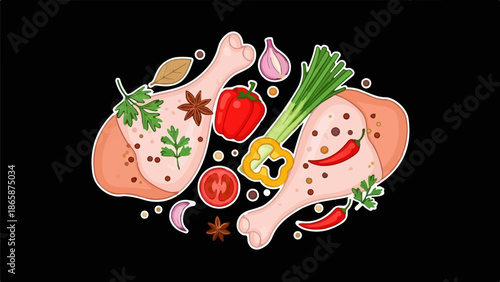 Raw chicken drumsticks and savory spices, a colorful culinary arrangement