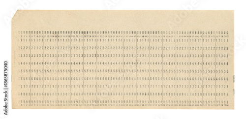 Vintage punched card with printed numeric rows and columns on aged paper used for early data processing