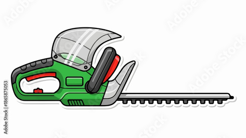 Green motorized gardening tool with serrated blade and protective shield