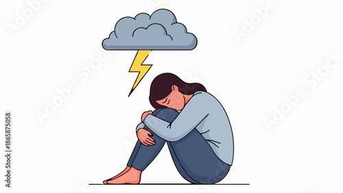A person sits hunched, head down, under a storm cloud with a lightning bolt