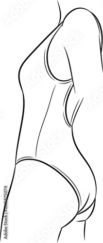 Elegant woman's one piece swimsuit sketch fashion design contour figure art vector