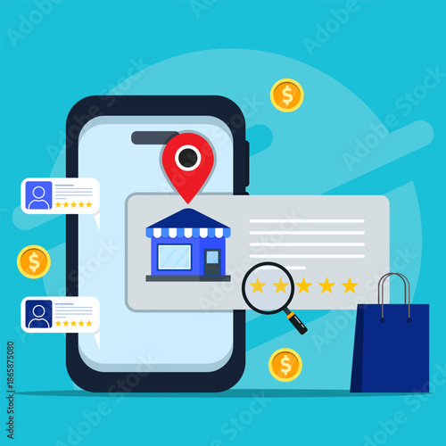 Mobile local business search and customer reviews app concept with smartphone, map location pin, store profile, star ratings, search icon, and shopping elements for digital local commerce.