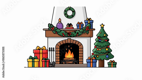 Festive fireplace with crackling fire, decorated tree, and gifts galore
