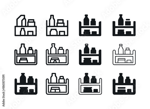 Fridge Organization Icons. Organizing fridge shelves. Icon set. Set Logo of organizing fridge shelves: tiered shelf divider. harmonious logo variations of the