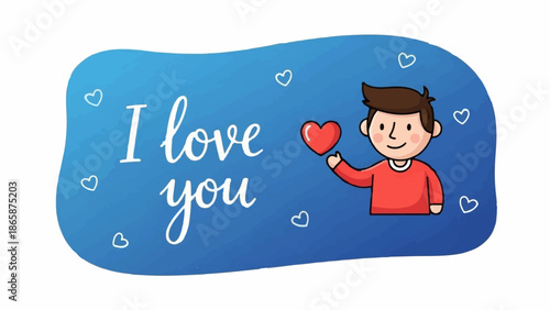 Cartoon boy holds red heart, with "I love you" text and heart shapes on blue
