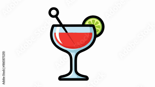 A red beverage in a stemmed glass, garnished with a lime slice and a cocktail pick