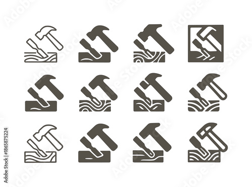Wood Metal Icons. Wood and metal combo. Icon set. Set Logo of wood and metal combo: hammer and chisel. harmonious logo variations of the same emblematic