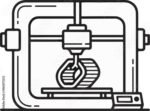 A black and white line drawing of a 3D printer creating a layered object