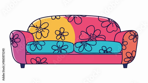 Colorful sofa with floral pattern, yellow, pink, and blue cushions
