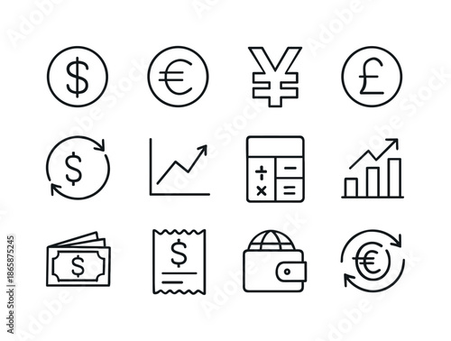 Currency Exchange Icons. Currency exchange. Line icon set of Currency exchange: dollar symbol, euro symbol, yen symbol, pound symbol, exchange arrows, currency