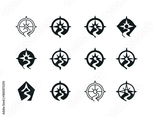 Natural Park Logo Set. Natural park management. Icon set. Set Logo of Natural park management: compass and hiking trail. harmonious logo variations of the same