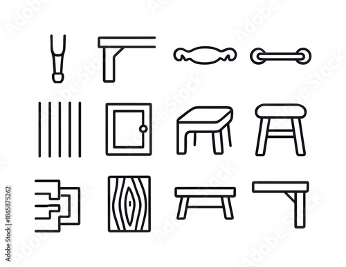 Wooden Furniture Icons. Wooden furniture details. Line icon set of wooden furniture details: chair leg, table corner, carved handle, drawer pull, wooden slats,