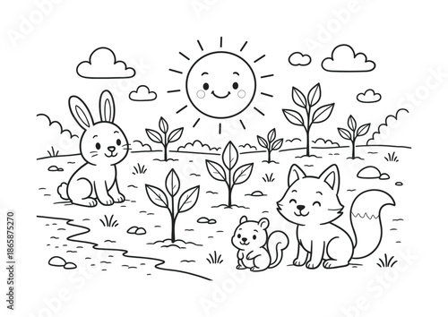 Tree Regrowth Coloring Page. Tree regrowth children?s coloring book illustration, outlined drawing, little saplings growing in a cleared area with smiling sun