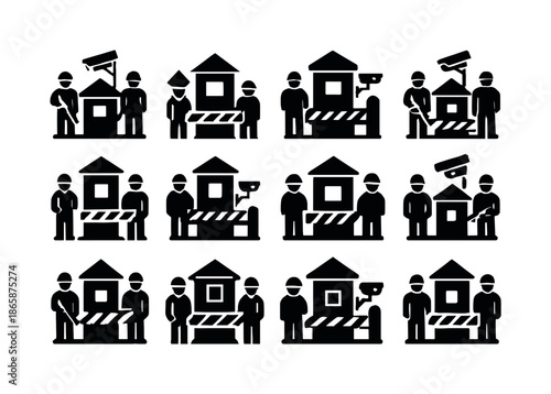 Military Checkpoint Icons. A military checkpoint with soldiers keeping watch. Icon set. Set Logo of Military checkpoint: security camera. harmonious logo