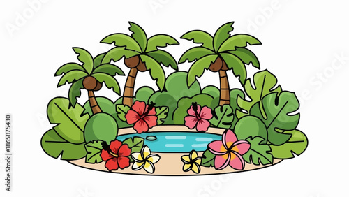 Tropical oasis with palm trees, lush foliage, and vibrant flowers surrounding a tranquil pool