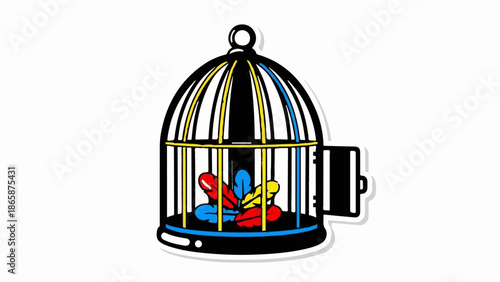 A stylized birdcage contains a colorful pile of feathers, with the door ajar