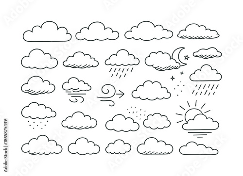 Whimsical Cloud Illustrations. Clouds. Hand-drawn doodle illustration Clouds cloud border, cloud doodle, storm symbol, drizzle dots, wind arrow, puff stack,
