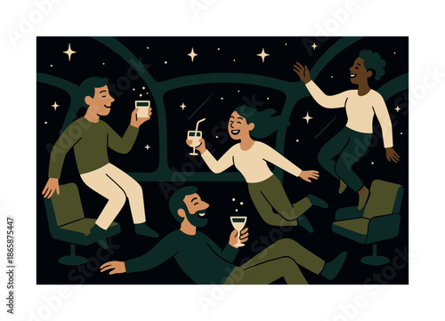 Zero-Gravity Lounge Vibes. Zero-gravity lounge. Travelers drift gently inside a spacious cabin, sipping floating drinks and laughing as soft stars twinkle