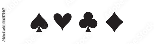 Black Playing Card Suits Silhouettes playing cards. Card suits set of vector icons showing hearts, clubs, diamonds and spades. Playing card suits on white background.